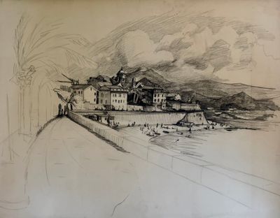 drawing of a view of a beach with a building in the background