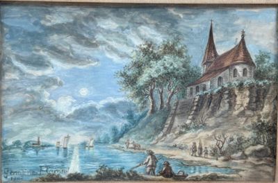 painting of a painting of a church on a cliff overlooking a body of water