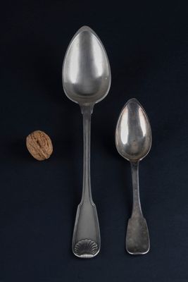two spoons and a spoon with a walnut on a table