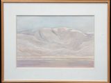 painting of a mountain range in a white frame with a brown border