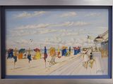 un tableau représentant une scène de plage avec des parasols sur le sable