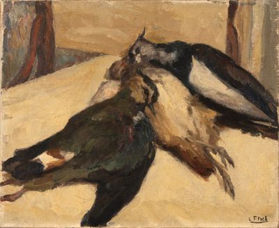 painting of a couple of birds laying on top of a bed next to each other