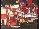 an abstract painting of a cityscape in red, yellow, and blue