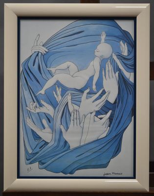 painting of a woman holding a baby in her arms in a white frame