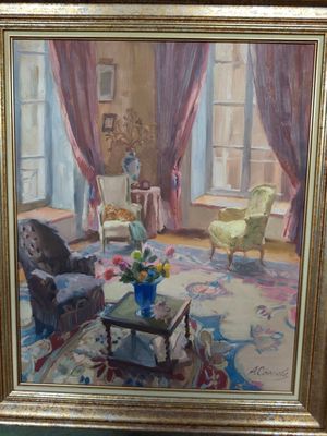 a painting of a living room with chairs and a table