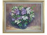 an oil painting of a vase of lilas on a table