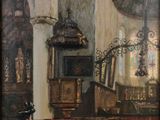 tableau représentant l'intérieur d'une église, avec une femme assise à une table devant l'autel