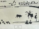 a black and white drawing of a man on a horse in a field