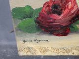 a painting of a red rose on a piece of wood