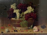 a painting of grapes and cherries in a basket on a table