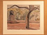 a watercolor painting of a tree in a park