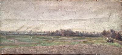 an old painting of a field with trees in the distance