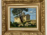 un tableau représentant un vieux bâtiment avec un arbre devant