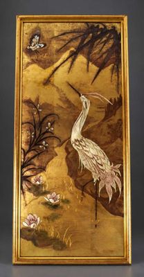an image of a painting of a crane and flowers in a gold frame
