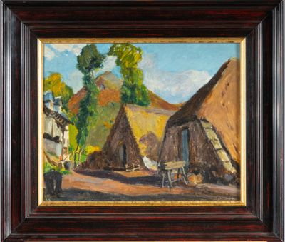 an image of a painting of a village scene with a horse and cart