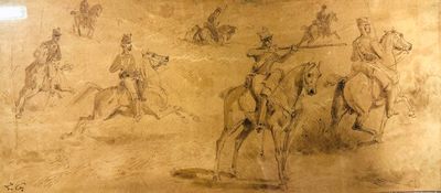 dessin représentant un groupe d'hommes à cheval dans le désert
