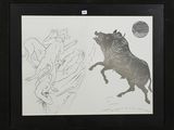 drawing of a horse and a man on a horse with a horse in the background