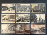 several old black and white photos of people and animals on a street