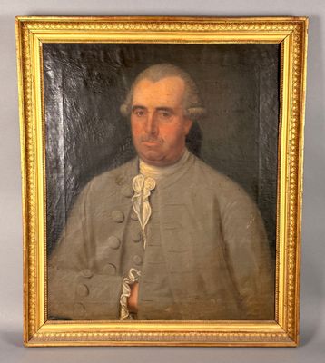 portrait of a man in a military uniform with a cane in a gold frame