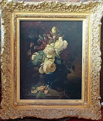 a painting of flowers in a vase on a table