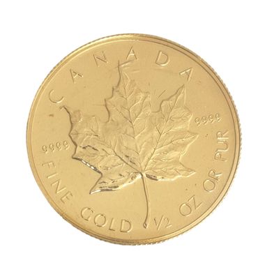 pièce d'or canadienne représentant une feuille d'érable sur fond blanc