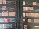 a lot of stamps on the inside of a suitcase