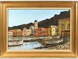 painting of boats in a harbor with buildings and mountains in the background