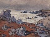 a watercolor painting of a rocky beach with rocks
