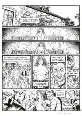 une page en noir et blanc d'une bande dessinée, avec un homme à l'arrière-plan