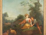 une peinture à l'huile représentant deux femmes et un enfant dans un paysage boisé