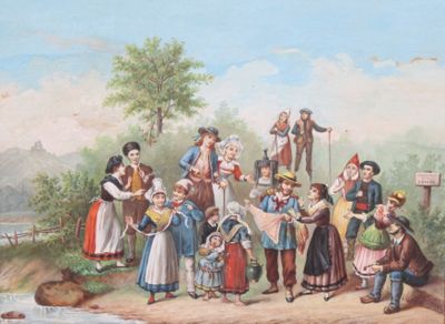 un tableau représentant un groupe de personnes rassemblées au bord d'une rivière