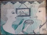 un dessin représentant une femme en train de fumer une cigarette devant une photo d'un homme et d'une femme