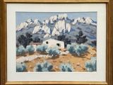an image of a painting of a mountain scene with a house in the foreground