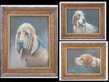 three paintings of a dog and a cat are shown in a gold frame