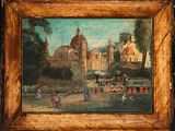 an old painting of a train traveling past a church on a hill