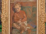 painting of a little girl sitting on a chair with a book in her lap