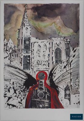 une image représentant un tableau d'une femme vêtue d'une cape rouge, avec un oiseau posé sur son épaule