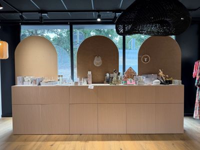 une photo d'un comptoir de magasin sur lequel sont disposés de nombreux articles