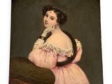 un vieux tableau représentant une femme en robe rose, assise sur une chaise