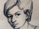 drawing of a woman with short hair in a black and white photo