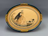 painting of a woman and a dog on a plate with a blue border