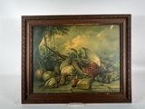 tableau représentant une nature morte composée de fruits et de légumes, dans un cadre en bois