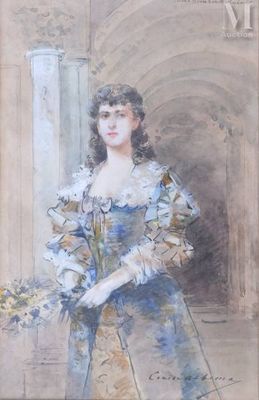 painting of a woman in a blue dress holding a bouquet of flowers