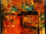 an abstract painting of a table with a vase of flowers on it