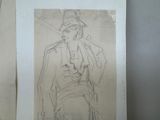 an old drawing of a woman in a hat and dress