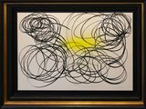 abstract painting of black and yellow circles on a white background