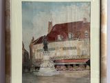 aquarelle encadrée représentant un bâtiment avec une fontaine devant