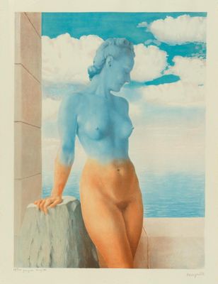 une image représentant un tableau où l'on voit une femme nue debout sur un rebord