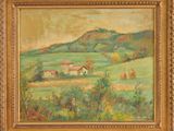 an oil painting of a farm scene with a hill in the background