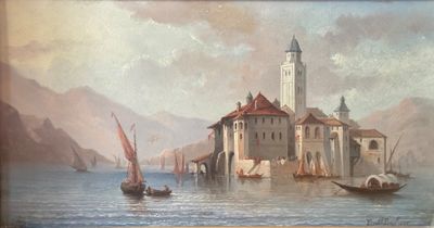 a painting on the wall of a building with boats in the water